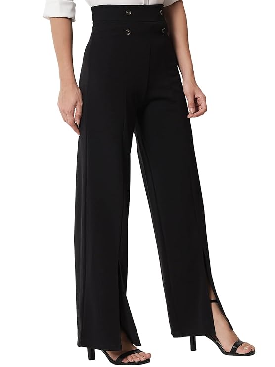 KOTTY Women Regular Length Jade Black Solid Trousers