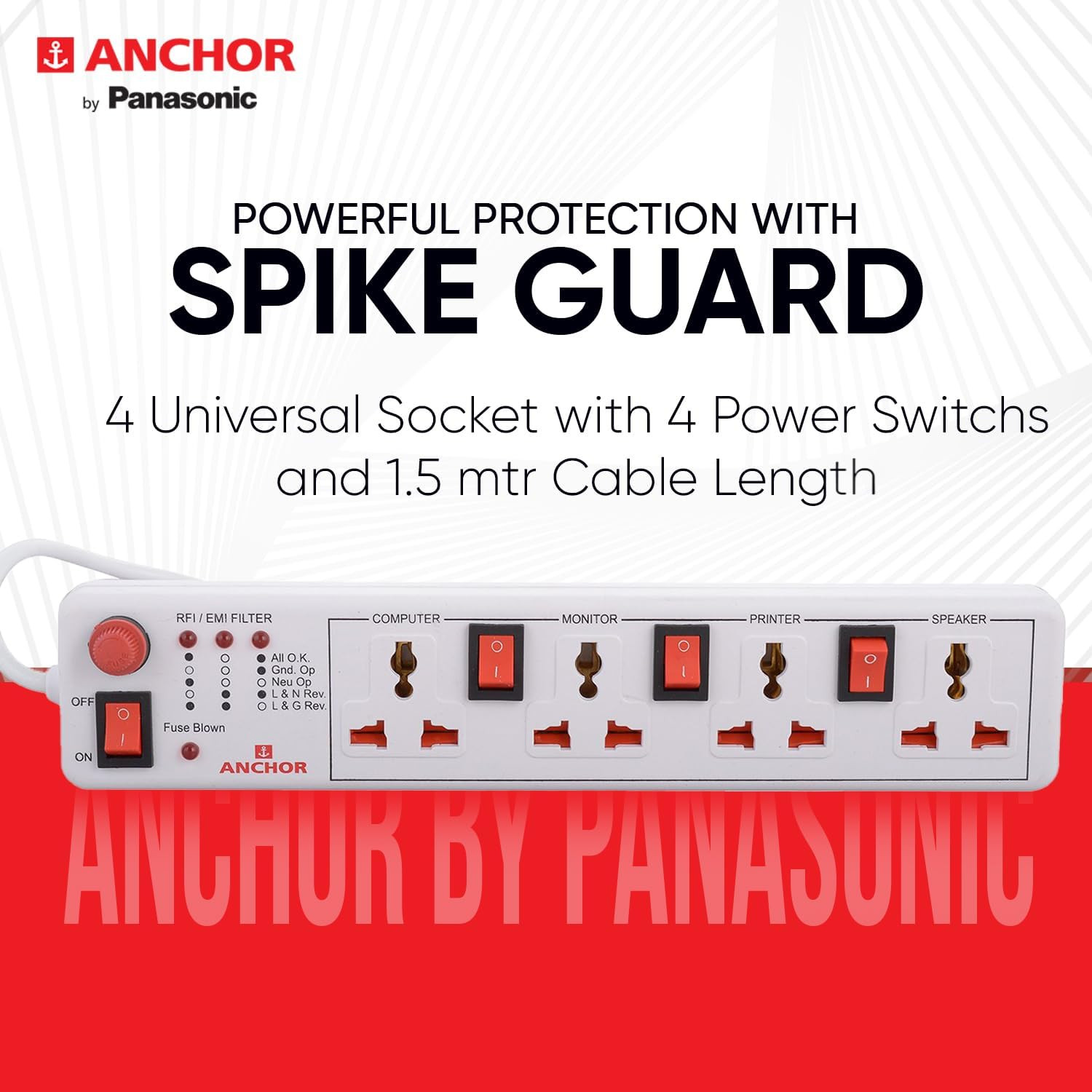 Anchor by Panasonic Spike Guard- 4 Universal Socket Shutter with Individual Switch - 4 Mtr (22569) (White, 1 Piece)