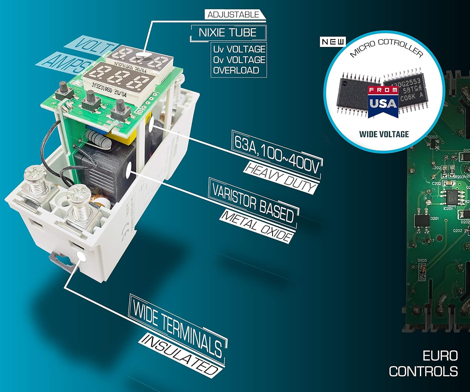 EuroControls Euro Controls Automatic Adjustable Over/Under Voltage/Over Current Protector EVP71R with Auto Recovery Switch - Volt & Amp Meter - Din Rail Mount - Single Phase - 63Amps 220V