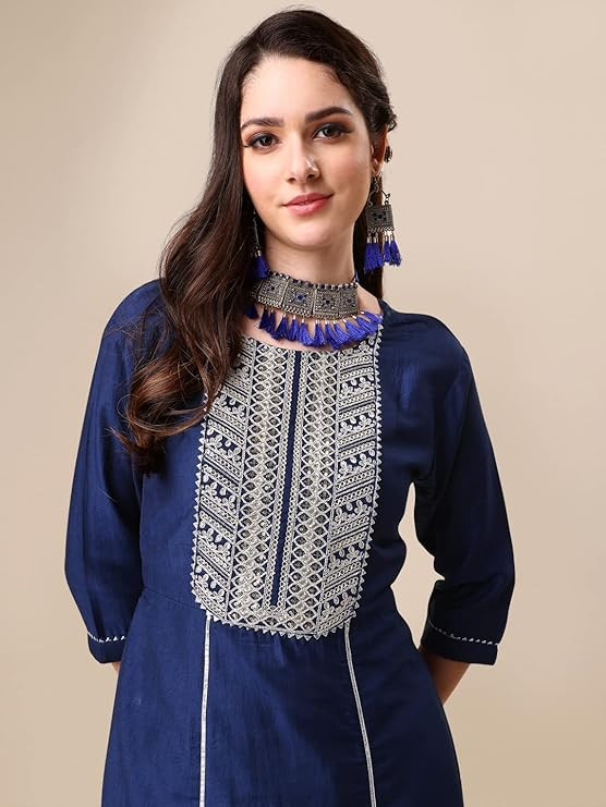 EthnicJunction Women's Silk Embroidered  Thread Work Chinon A-Line Kurta Pant With Dupatta