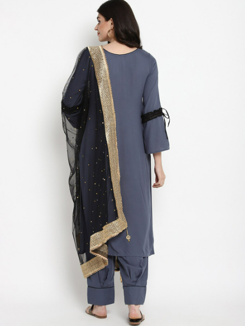 embroidered Grey kurta with palazzo & dupatta set