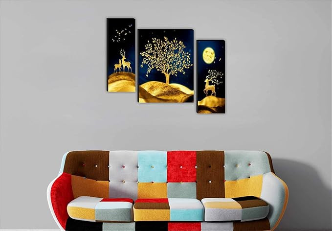 SAF paintings Set of 3 Deer with Tree Modern Art UV Textured Home Decorative Gift Item Self Adeshive Painting 18 Inch X 12 Inch SANFJM31009