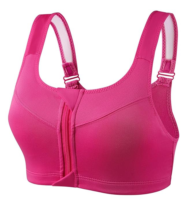 PLUMBURY Women's Medium Impact Padded Front Zip Racerback Sports Bra with Adjustable Strap, Pink, Size M to 3XL