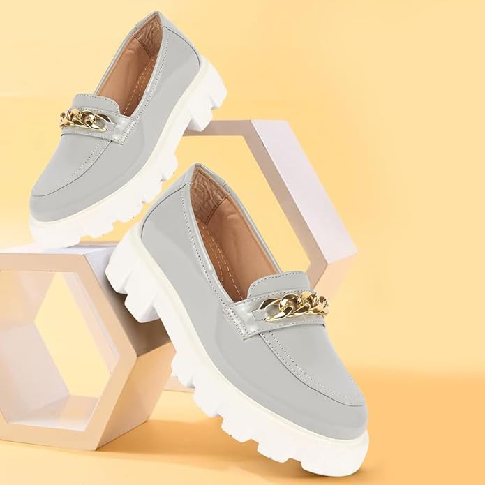 FAUSTO Women's Patent Leather Shiny Chain Buckle Classic Casual Slip On Loafer Shoes