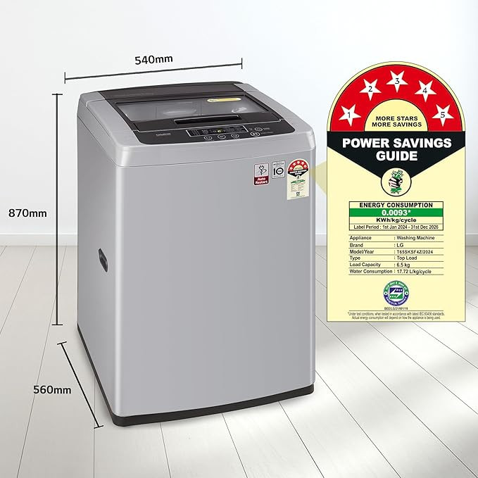 LG 6.5 Kg 5 Star Inverter Turbodrum Fully Automatic Top Loading Washing Machine (T65SKSF4Z, 3 Smart Motion, Tub Clean, Middle Free Silver)