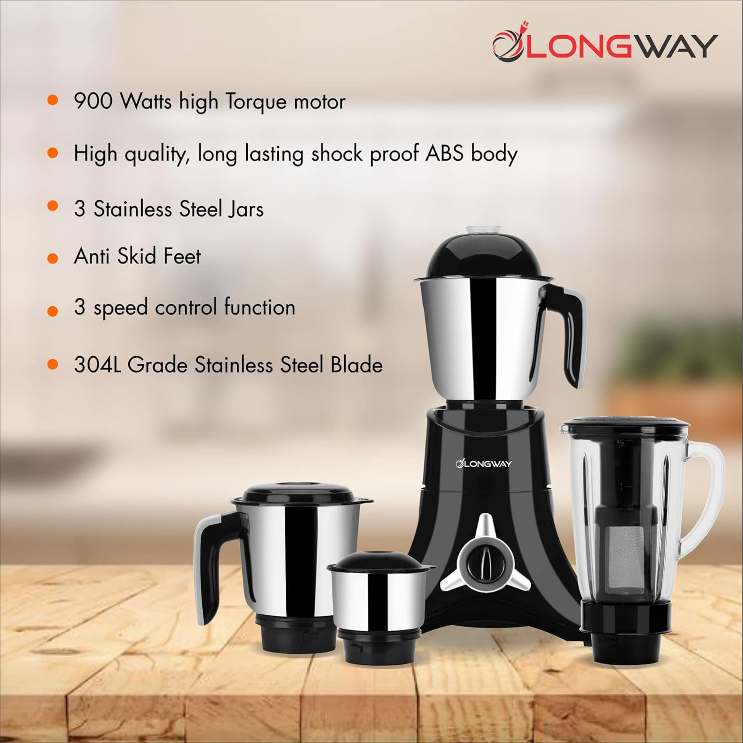 Longway Orion 900 Mixer Grinder with 4 Unbreakable Jars (Powerful Motor with 1 Year warranty, Black & Silver)