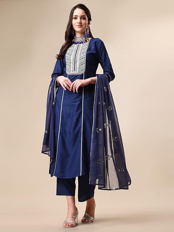 EthnicJunction Women's Silk Embroidered  Thread Work Chinon A-Line Kurta Pant With Dupatta