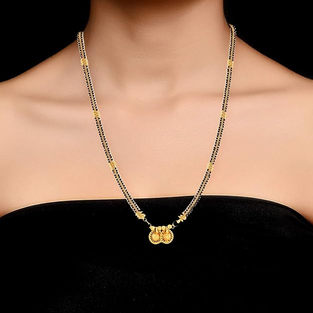 MEENAZ Traditional Temple Forming 1 One Gram Gold Stylish Meenakari Maharashtrian Stylish Long Wati Mangal sutra Pendant Tanmaniya Black Mangalsutra For Women chains golden - MS-ME912