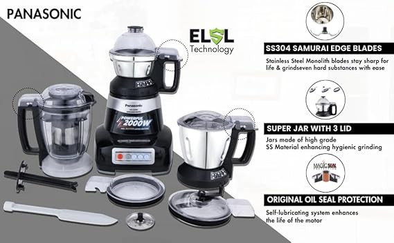 Panasonic MX-AE390 (Black) | Monster 750 Watts Super Mixer Grinder | With 3 Jar (Two 304-SS Stainless Steel & 1 Juicer Extractor Jar) |Warranty 2 Years Product & 5 Years On Motor