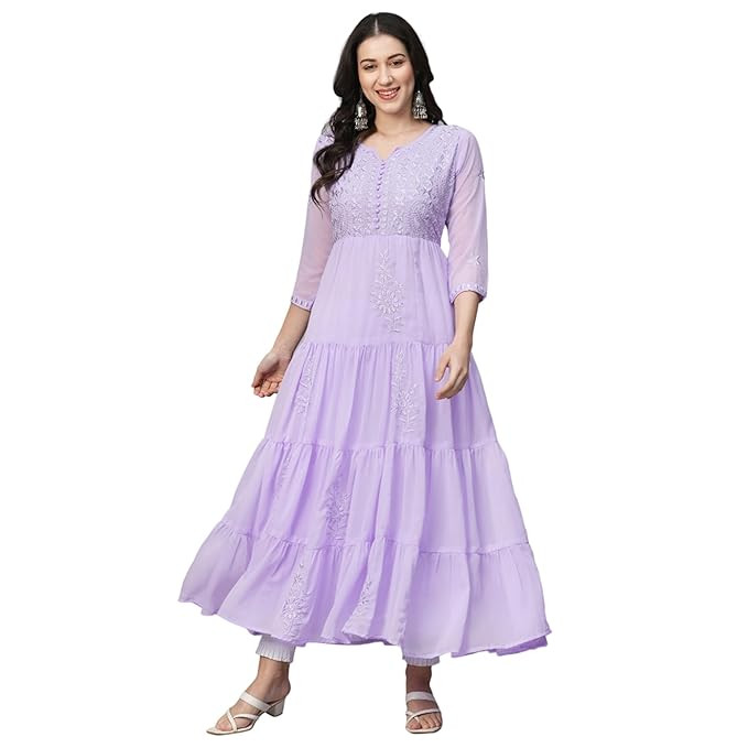 RATAN Women's Solid Georgette Tiered Chikankari Flared Kurti Gown Maxi Dress