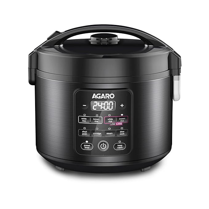 AGARO Regal Electric Rice Cooker, 3 Liters Ceramic Inner Bowl, Cooks Up to 600 Gms Raw Rice, SS Steamer, Preset Cooking Functions, Preset Timer, Keep Warm Function, LED Display, Black
