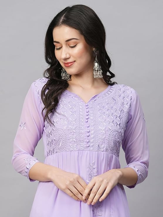 RATAN Women's Solid Georgette Tiered Chikankari Flared Kurti Gown Maxi Dress