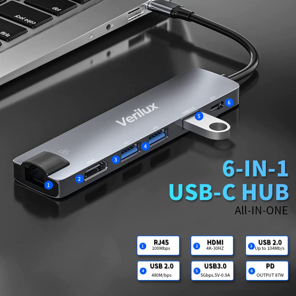 Verilux® 6 in 1 USB C Hub with Ethernet Multi USB Port for Laptop with USB Hub 3.0 and 2.0 PD 87W Charging Port USB Type C Hub with 4K HDMI Converter for MacBook Air Pro, for iPhone 15 16 Pro Max Plus