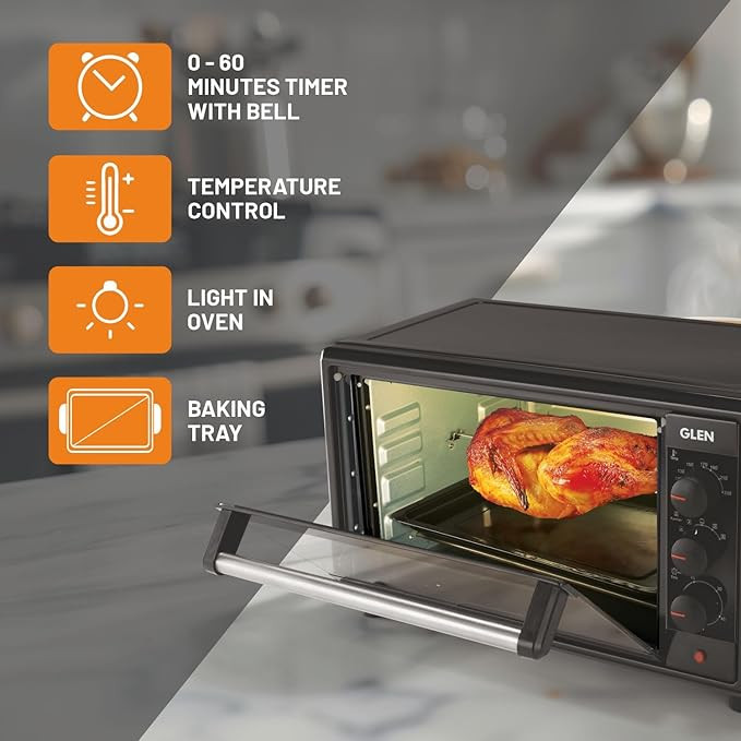 Glen Oven Toaster Griller OTG - 25 Litres with Convection & Motorized Rotisserie 1700W - Black -SA5025RC