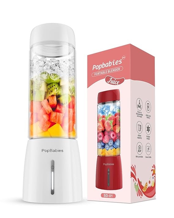 Popbabies Portable blender for smoothie and juices, 6 Sharp Blade Ice Crushing, blender smoothie juice, Pulse Mode Feature, 4000mAh, USB-C Waterproof Charging Port, Food Grade Jar, 450ML (Red)