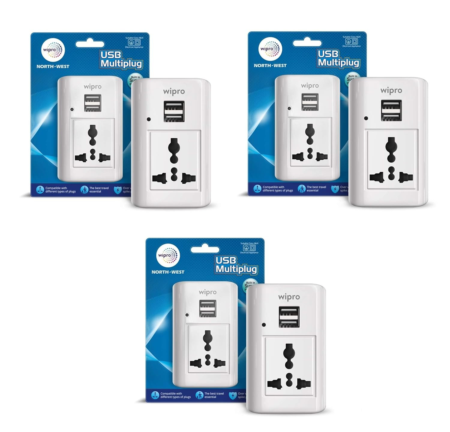Wipro Multiplug with Universal Socket and Two USB Ports (with Inbuilt Surge Protection)_Pack of 2