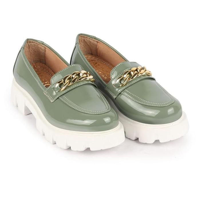 FAUSTO Women's Patent Leather Shiny Chain Buckle Classic Casual Slip On Loafer Shoes