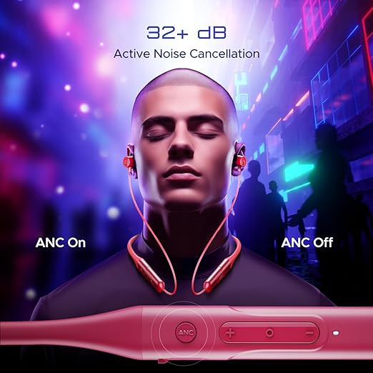 boAt Rockerz 255 ANC, 100Hrs Battery,Spatial Audio, Active Noise Cancellation(~32dB), Fast Charge(10Mins=24HRS),3Mics AIENx,13mm Drivers, Bluetooth Neckband, Wireless with Mic Earphones (Magenta Pop)