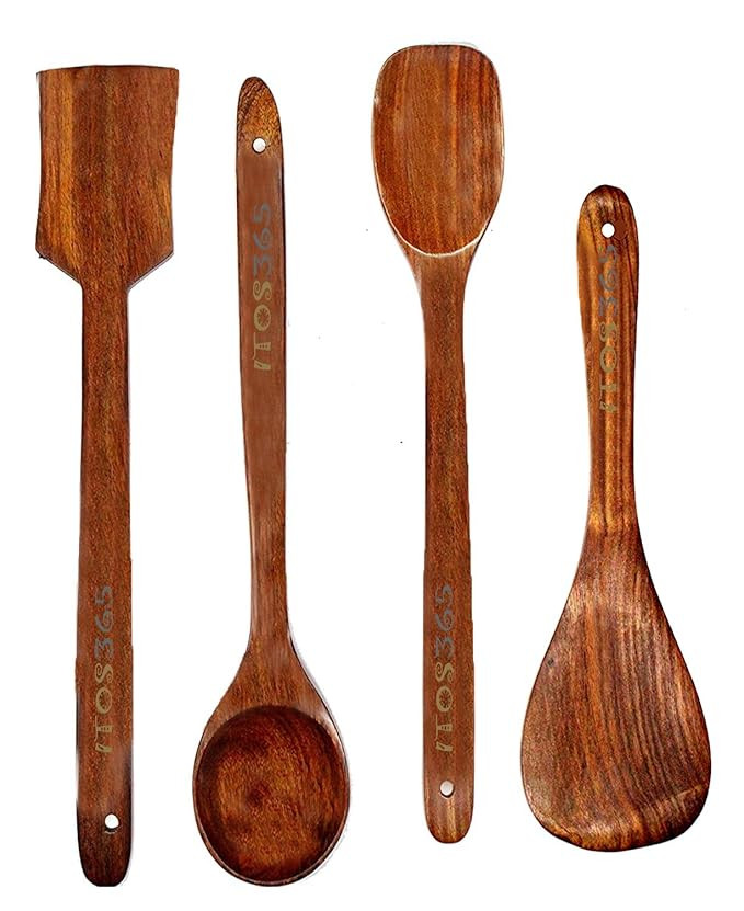 ITOS365 Handmade Wooden Non-Stick Serving and Cooking Spoon Kitchen Tools Utensil, Set of 4
