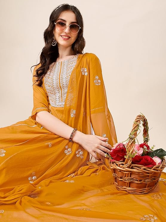 EthnicJunction Women's Silk Embroidered  Thread Work Chinon A-Line Kurta Pant With Dupatta