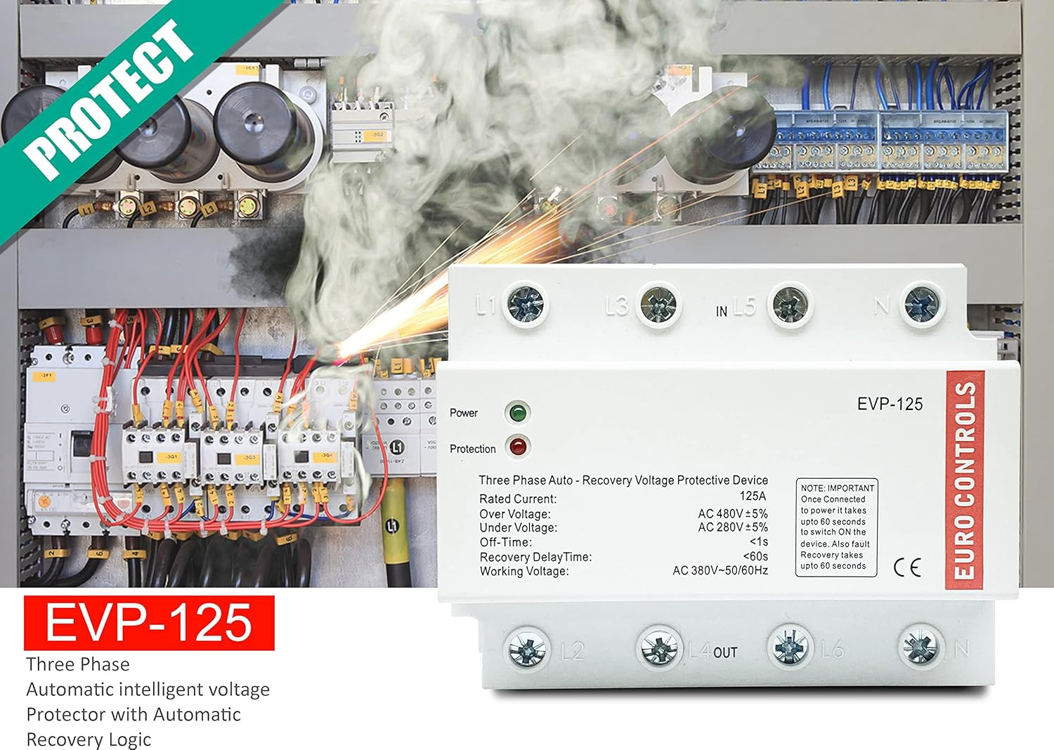 EuroControls Surge Protector Switch Euro Evp-125 125A three phase four pole automatic over under voltage protector with auto recovery