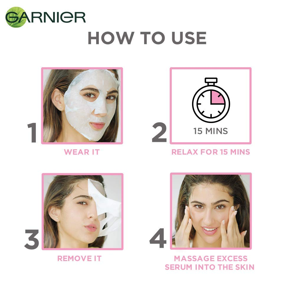 Garnier Sakura White Water Glow Serum Sheet Mask, Face Sheet Mask for Women, 28g