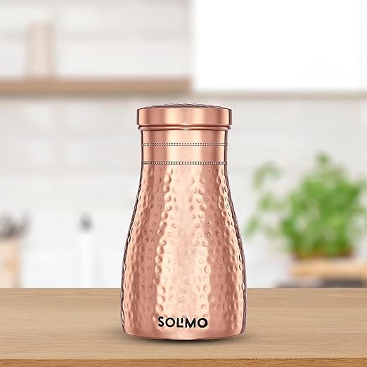 Amazon Brand - Solimo Copper Water Bottle | Bedside Bottle with Glass | Hammered Finish |1000 ml