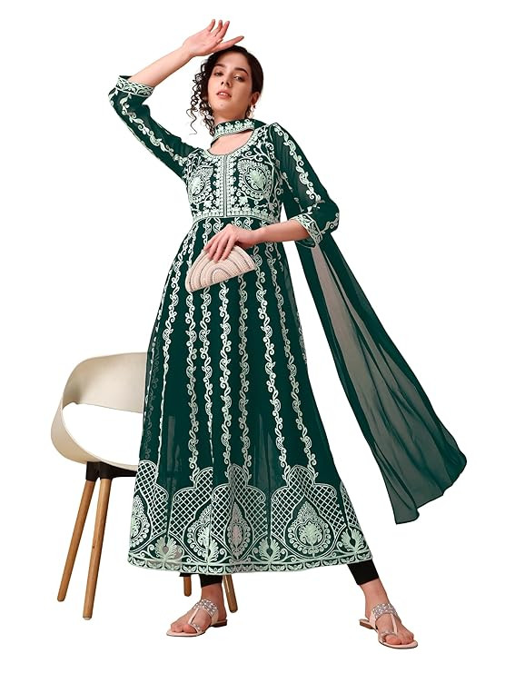 EthnicJunction Women's Silk Embroidered  Thread Work Chinon A-Line Kurta Pant With Dupatta