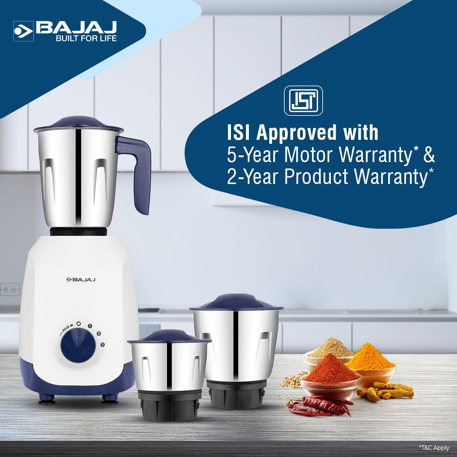 Bajaj Ninja Series Grace 500W Mixer Grinder | Mixie For Kitchen With DuraCut® Blades | 2-In-1 Blade Function For Dry & Wet Grinding | 2 Mixie Jars | 5-Yr Motor Warranty By Bajaj 【Midnight Blue】