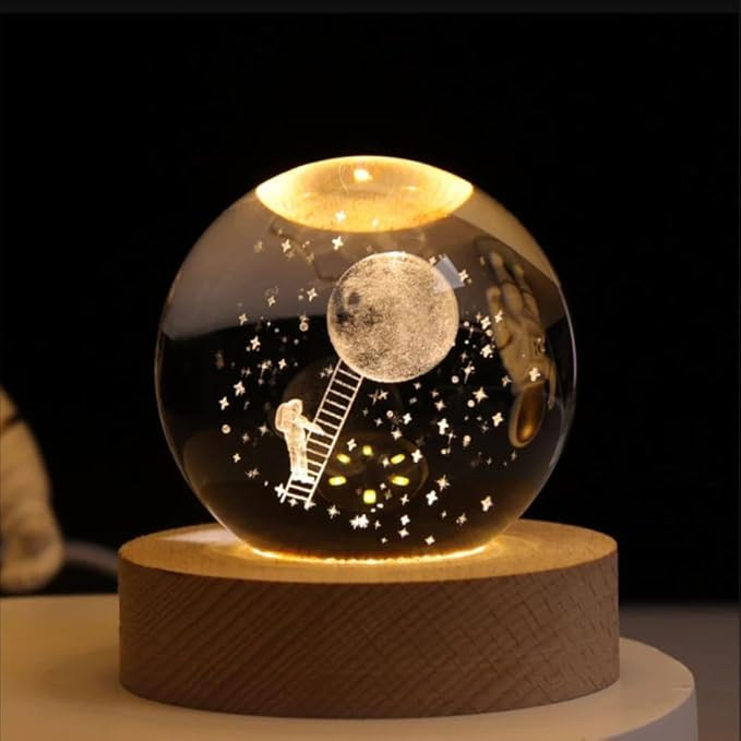 Desidiya 3D Astronaut Climbing Moon Crystal Ball Night Light with Wooden Base - LED USB Table Lamp for Kids, Teens, and Home Decor