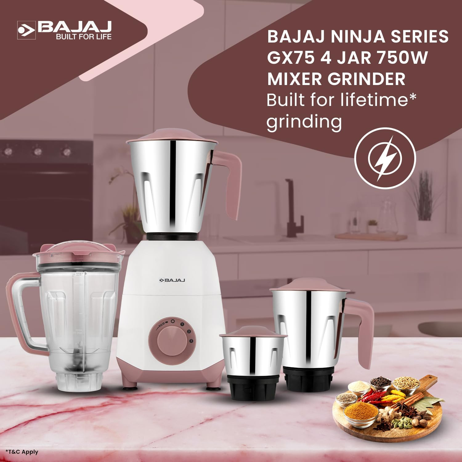 Bajaj Ninja Series GX75 4 Jar 750W Mixer Grinder | DuraCut Blades | 4 Stainless Steel Mixer Jars | Dry & Wet Grinding | 2 Yrs Warranty 【White/Lilac】
