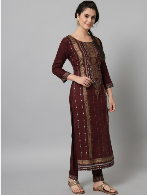 Wine and golden printed kurta and trouser set