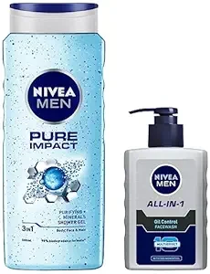 Nivea Men Face Wash, Oil Control, 10x Vitamin C, 150ml & Men Pure Impact Shower Gel, 500ml, Hair, Face & Body Wash