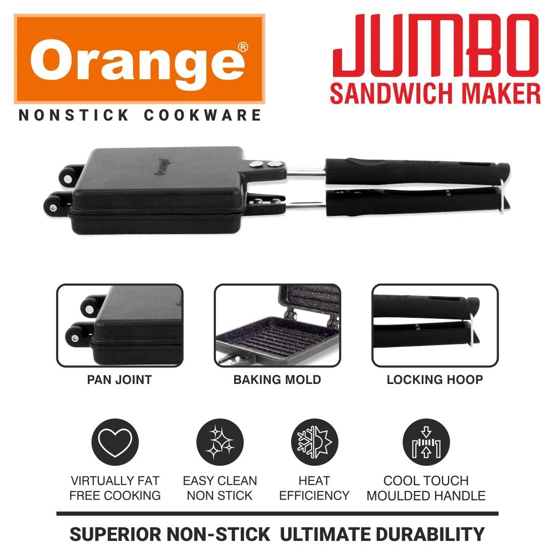 Orange Aluminium Non-stick Heavy Thickness Jumbo Toast Sandwich Maker With Free Nylon Tongs & Scrubber | Jumbo/Big Breads Non Electric Sandwich Maker | Long Cool Touch Handles | Gas Stove Compatible