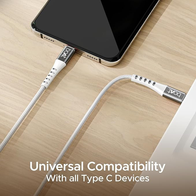 boAt Type-C C600 Tangle-Free, Sturdy Cable w/ 100W/5A Fast Charging & 10Gbps Data Transmission, 10000+ Bends Lifespan and Extended 1.5m Length,Compatible w/Xiaomi, Oneplus, Samsung, Vivo & Oppo(White)