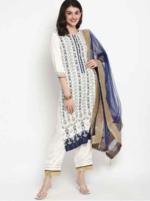 White & Navy Blue Printed Kurta with Trousers & Dupatta