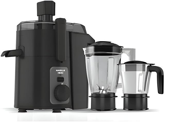 Havells Hexo 950 watts 2 Jar Juicer Mixer Grinder I Double Ball Bearing Copper Motor I 22000 RPM I 100 Minutes Run Time I Metal Teeth Coupler & Jar Base IPolycarbonate Jar, Juice Spout