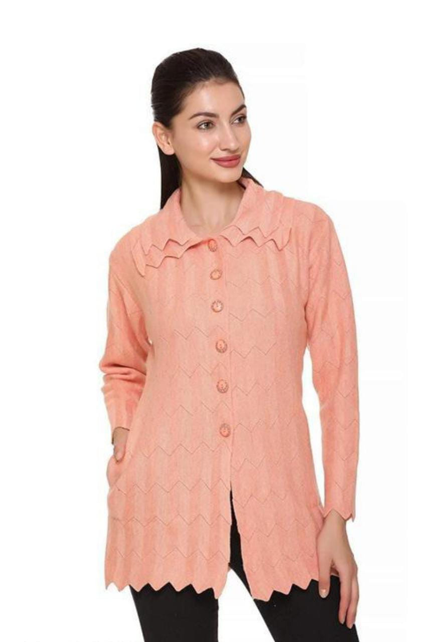 Women Self Design Collared Neck Beige Sweater