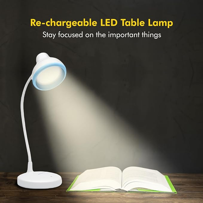 wipro Re-Chargeable LED Table Lamp, Round and Flexible Design with 3 Grade Dimming, 6W Desk Lamp for Study with Adjustable Neck, White, ABS, Pack of 1