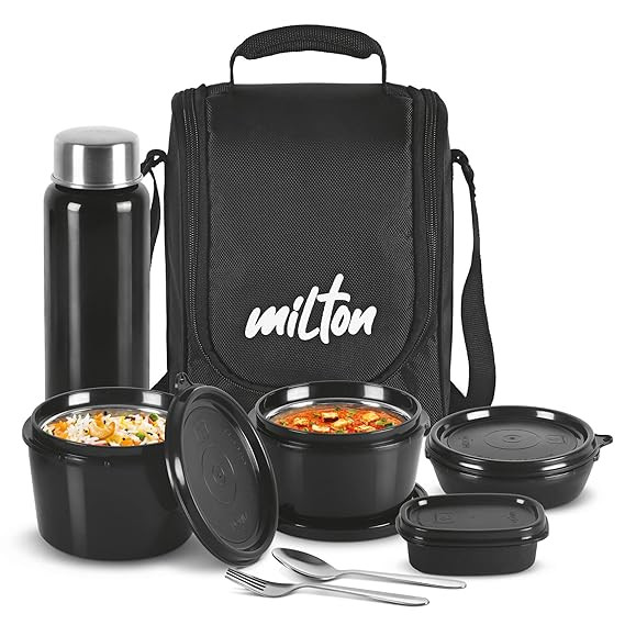 MILTON Pro Lunch Box with Steel Cutlery, 3 Microwave Safe Inner Steel Containers (180ml, 320ml, 450ml) Plastic Chutney Dabba 100ml, Steel Bottle 750ml with Insulated Bag, Office Tiffin,)