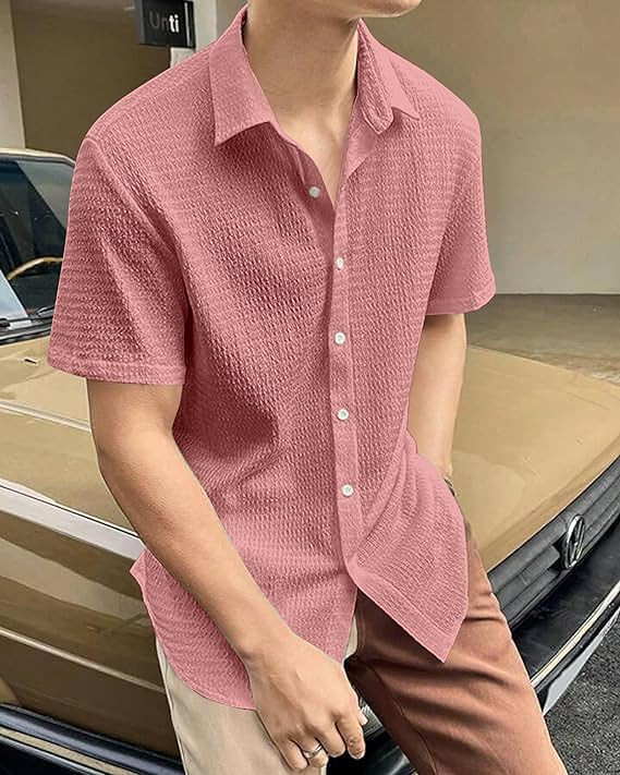 IndoPrimo Men's Regular Fit Self Design Spread Collar Casual Half Sleeve Shirt - Pop