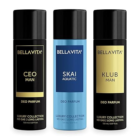 Bella Vita Luxury Unisex Body Parfum Deo Spray Gift Set,Pack Of 3 X 150 Ml, No Gas Long Lasting Premium Fragrance Deodorant|Ceo Men|Skai Aquatic|Klub Men|With Tonka, Bergamot & Vanilla