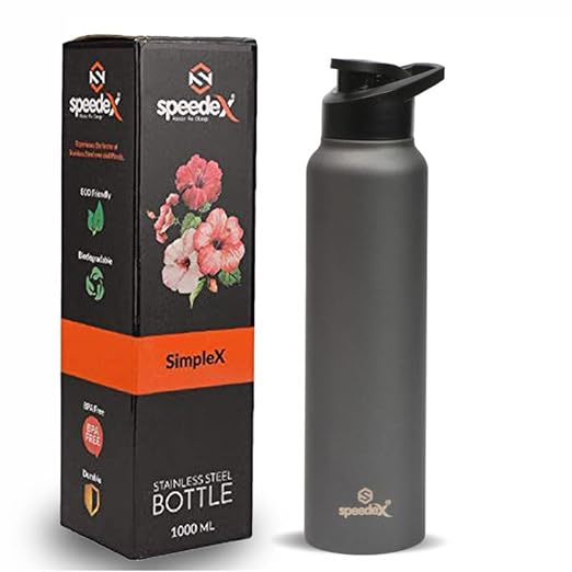 Speedex Stainless Steel Water Bottle 1 litre, Water Bottles For Fridge, School,Gym,Home,office,Boys, Girls, Kids, Leak Proof(DARK GREY COLOUR, SIPPER CAP, SET OF 1, 1000 ML)