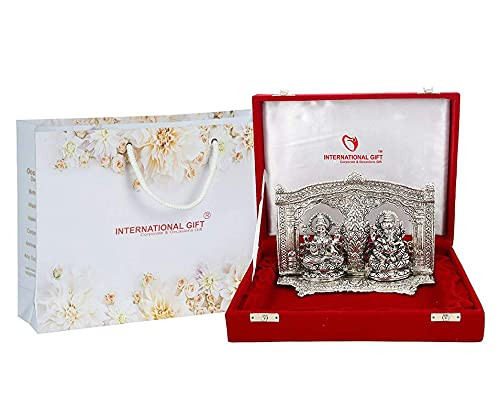 INTERNATIONAL GIFT® Silver Plated Laxmi Ganesh God Idol Statue Oxidized Finish with 6 Piece Jyot with Beautiful Velvet Box Packing and with Carry Bag (15H x 20W x 4.5L Centimeters)