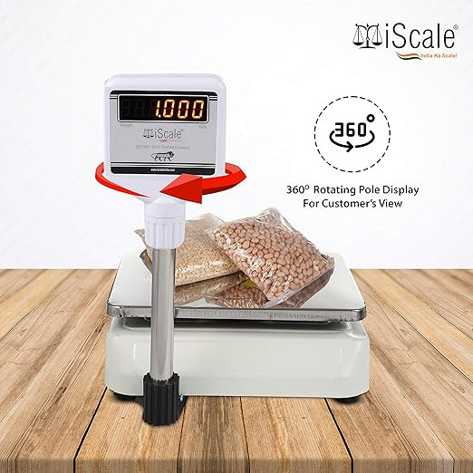 iScale i-01, 30kg x 2g Electronic Weighing Machine/Weighing Scale with Front and Pole Double Display (Red), 25x35cm SS weighing pan for Shop, Kitchen and Commercial Purposes (10x12 inches)