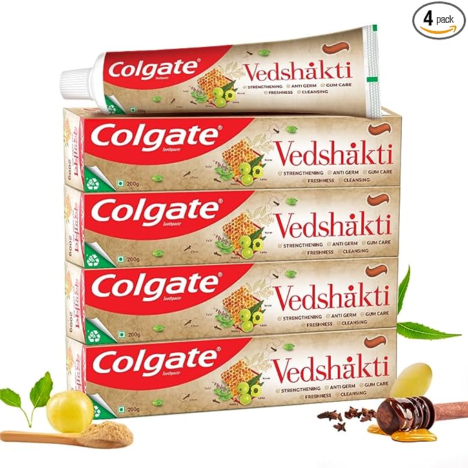 Colgate Vedshakti Toothpaste, Anti-Bacterial Paste For Whole Mouth Health, With Neem, Clove, And Honey, 800G, 200G X 4 (Saver Pack), Freshening