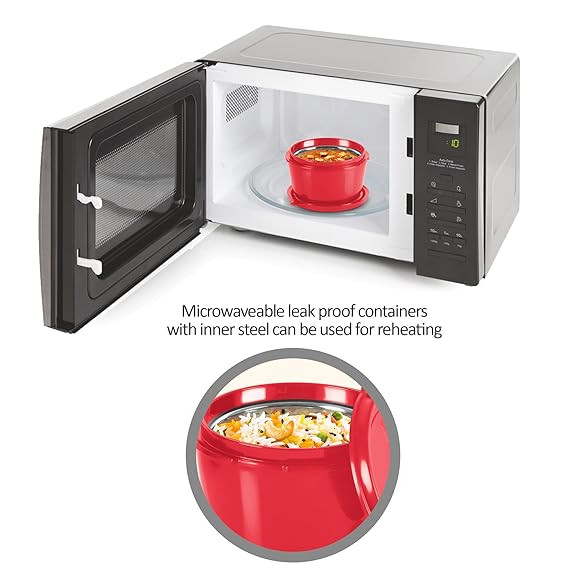 MILTON Pro Lunch Box with Steel Cutlery, 3 Microwave Safe Inner Steel Containers (180ml, 320ml, 450ml) Plastic Chutney Dabba 100ml, Steel Bottle 750ml with Insulated Bag, Office Tiffin,)