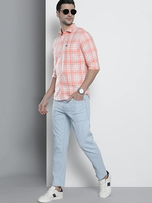 IndoPrimo Men's Regular Fit Self Design Spread Collar Casual Half Sleeve Shirt - Pop