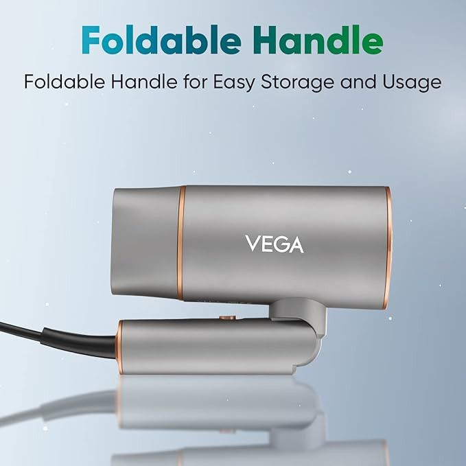 Vega Ionic 1400 Watts Hair Dryer for Men & Women with Ionic Technology & Cool Shot Button, 2 Heat/Speed Setting, Faster Drying, Foldable Hair Dryer, (VHDH-28), Grey