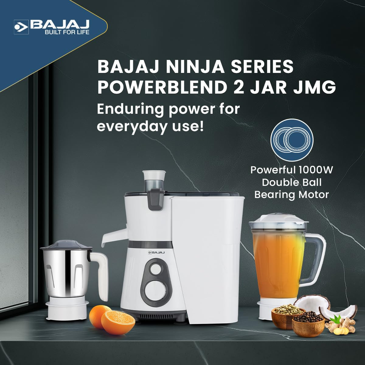 Bajaj Ninja Series PowerBlend 1000 Watts Juicer Mixer Grinder With 2 Jars | DuraCut® Blades | Metagrip™ Metal Coupler | 2 Yrs Warranty 【White & Grey】